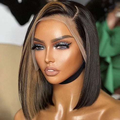 13x4 Frontal Lace C Part Bob Wig With Bangs Blonde Highlight Straight