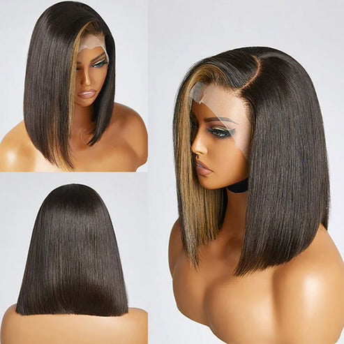 13x4 Frontal Lace C Part Bob Wig With Bangs Blonde Highlight Straight