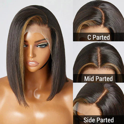 13x4 Frontal Lace C Part Bob Wig With Bangs Blonde Highlight Straight