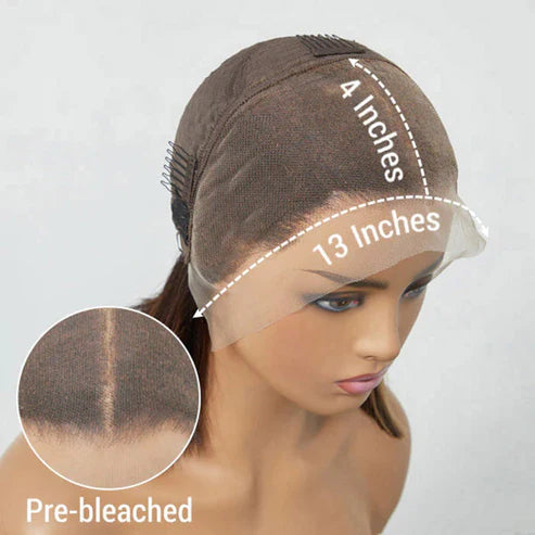 13x4 Frontal Lace C Part Bob Wig With Bangs Blonde Highlight Straight