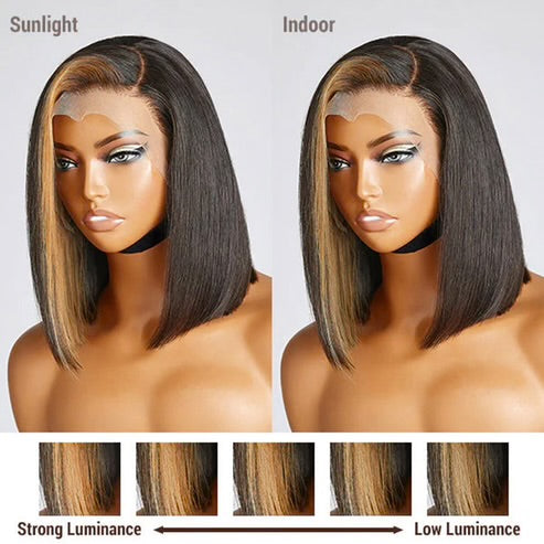 13x4 Frontal Lace C Part Bob Wig With Bangs Blonde Highlight Straight